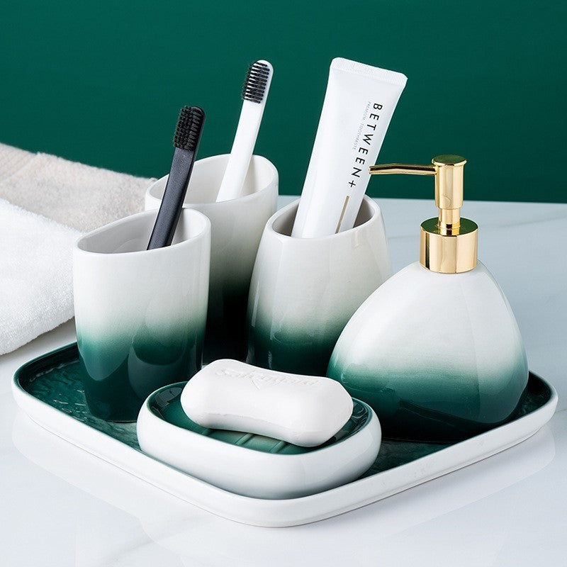 Washing suit couple brushing teeth and mouthwash cup
