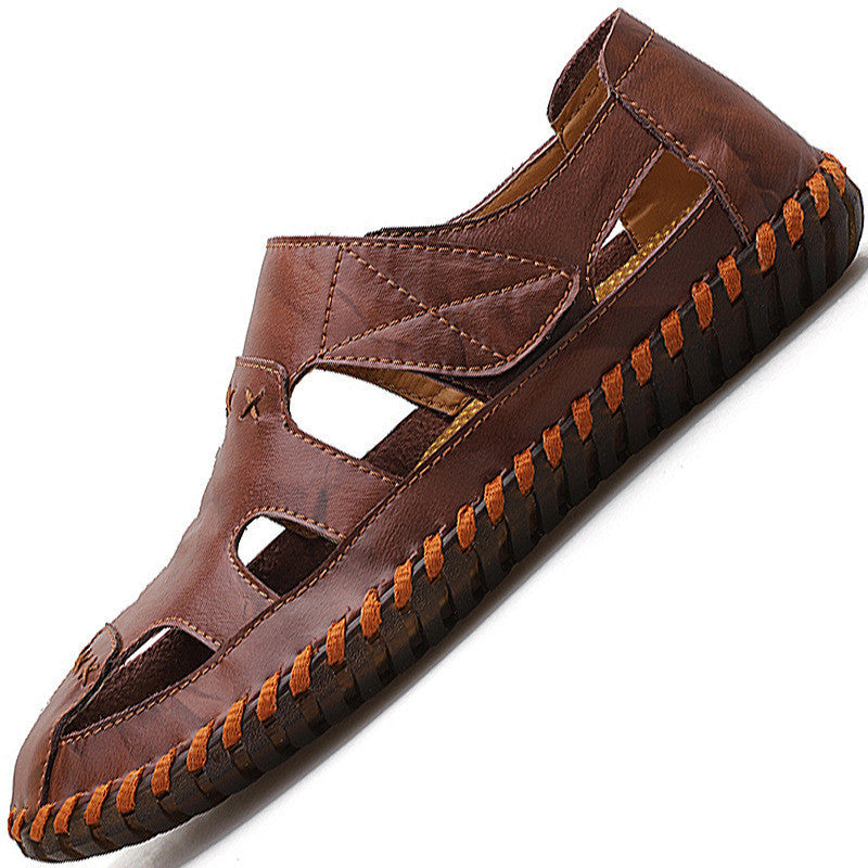 New Style Men's Shoes Summer Sandals Baotou Driving Leather Shoes Men's Slippers Casual Hollowed Out Tendon Bottom Dual-Use