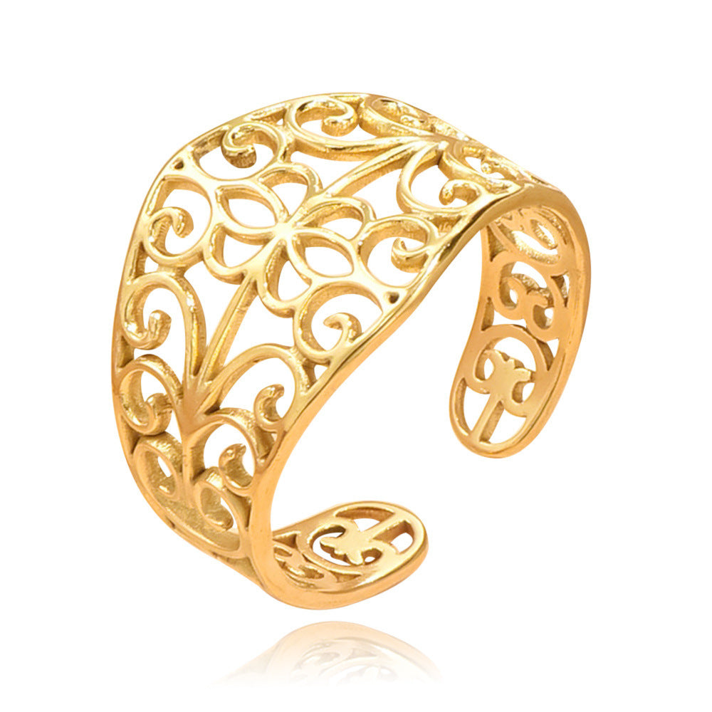 Elegant Court Retro Style Hollow Pattern Open Stainless Steel Ring For Women