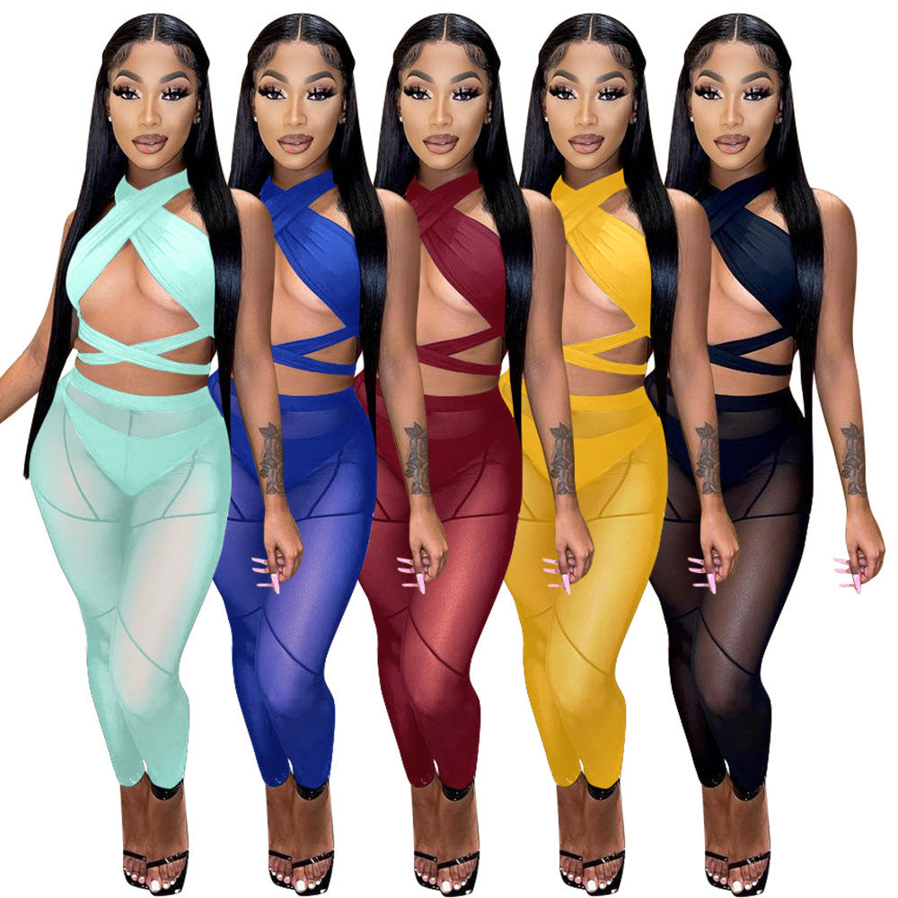 Women's Hollow Halter Cross Mesh Panel Three Piece Set