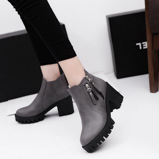 Mid-heel Chunky Heel Round Toe Temperament Side Zipper Short Boots