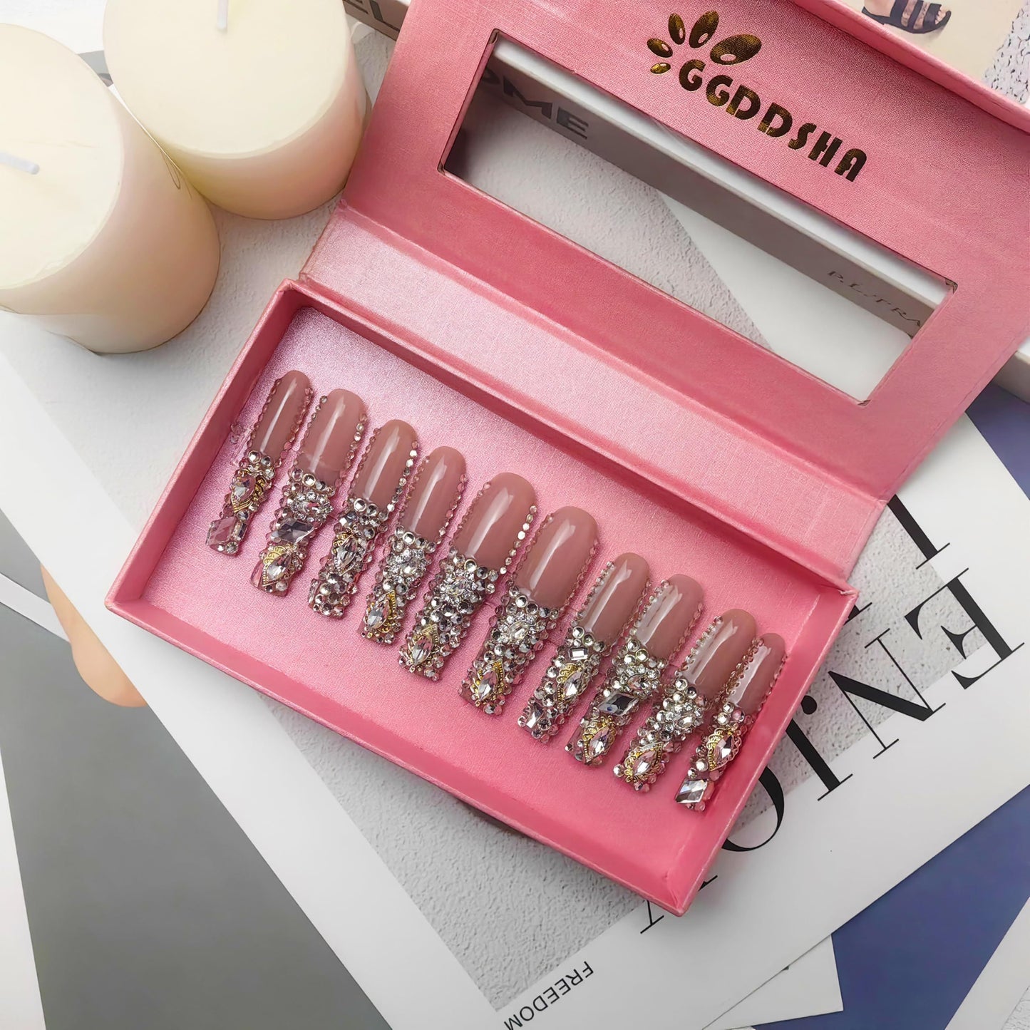 GGddsha 2024 New PMMA Acrylic Press On Nails StunningBling Nails, Rhinestone Fake Nails, Glitter Rhinestone NailsGradient Fake NailsCrystal Cascade