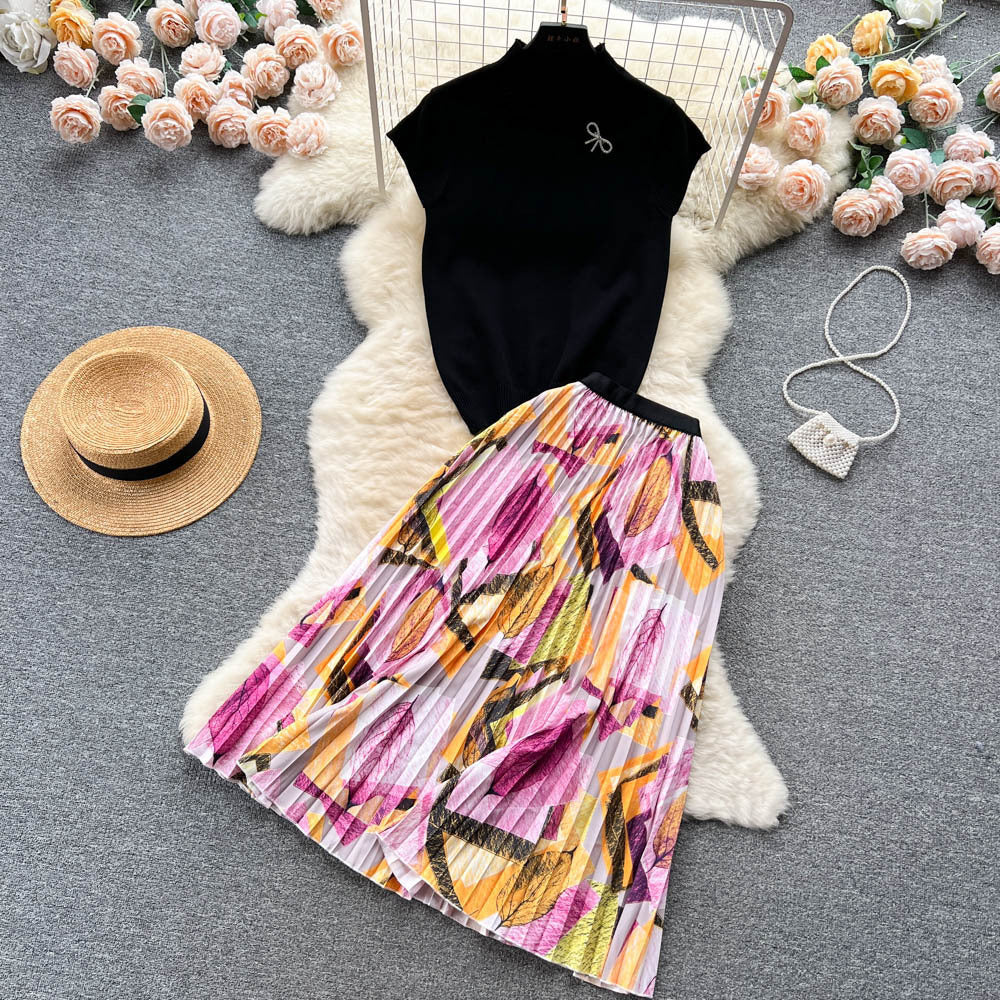 Women's Summer High-end Design Sense Niche Sleeveless Shirt Top Pleated Dress Two-piece Set