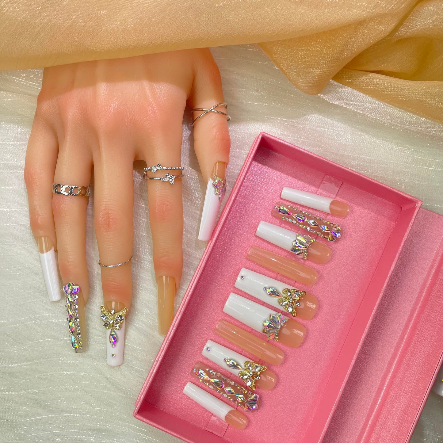 GGDDSHA Nails Press On Nails Medium Fake Nails FalseNails With 3D Flower Designs Nail Press Ons French TipHandmade Acrylic Artificial Nails Summer Natural Stick OnNails For WomenOpal Whisper