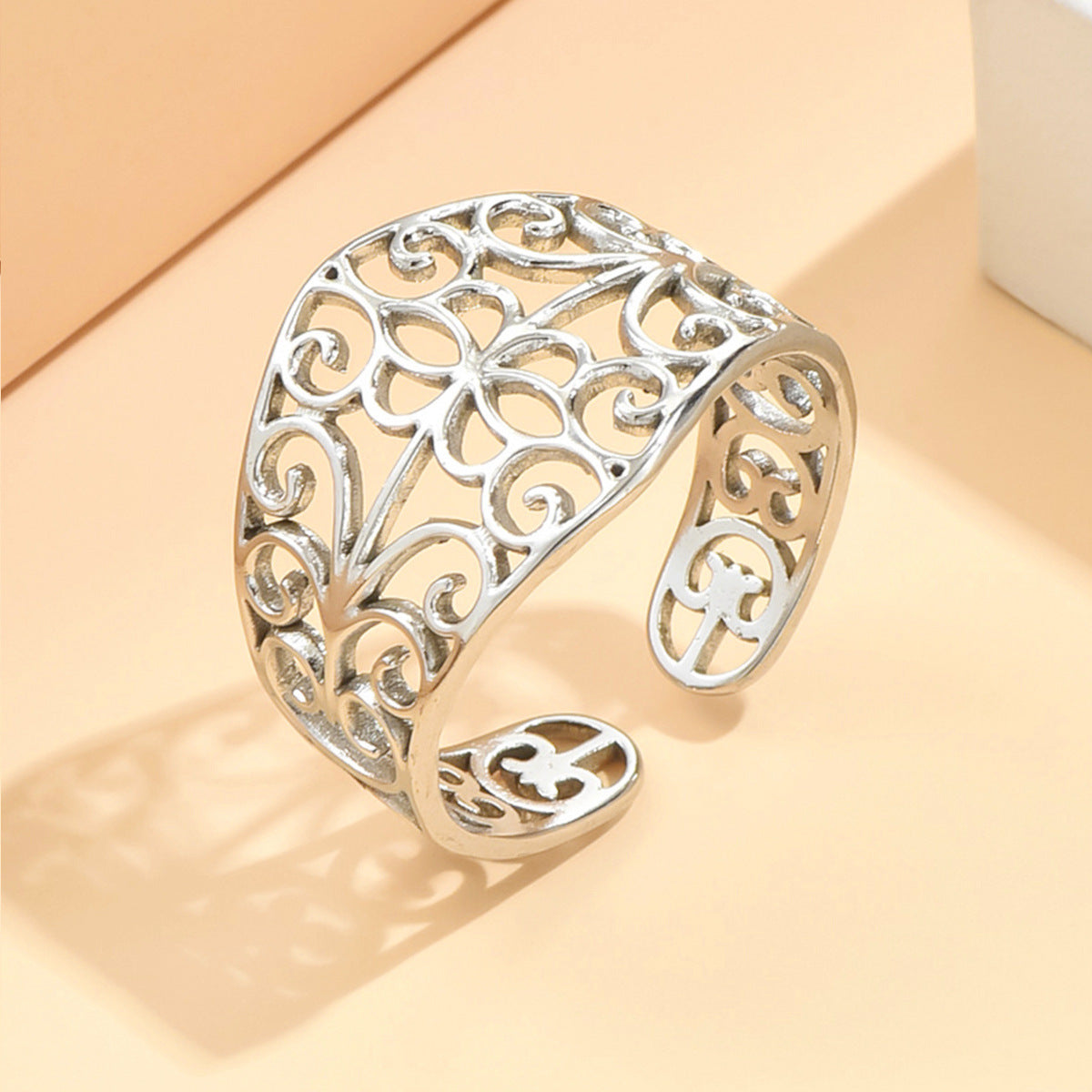 Elegant Court Retro Style Hollow Pattern Open Stainless Steel Ring For Women