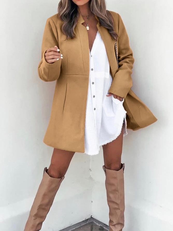 Solid Color Slimming Long Sleeve Pocket Woolen Women's Coat