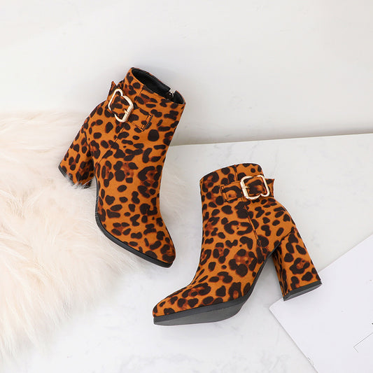 Leopard print chunky heel boots