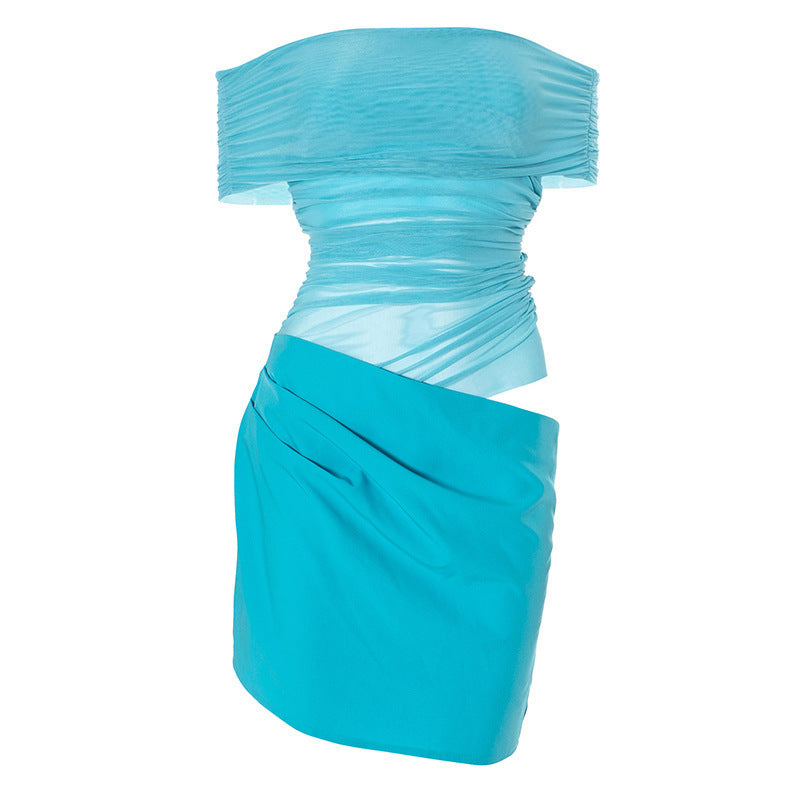 Summer New Sexy Off-shoulder Mesh Slim Fit Patchwork Dress