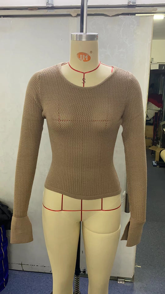 Solid Color Knitted Top Women's Long-sleeved Bottoming Sweater