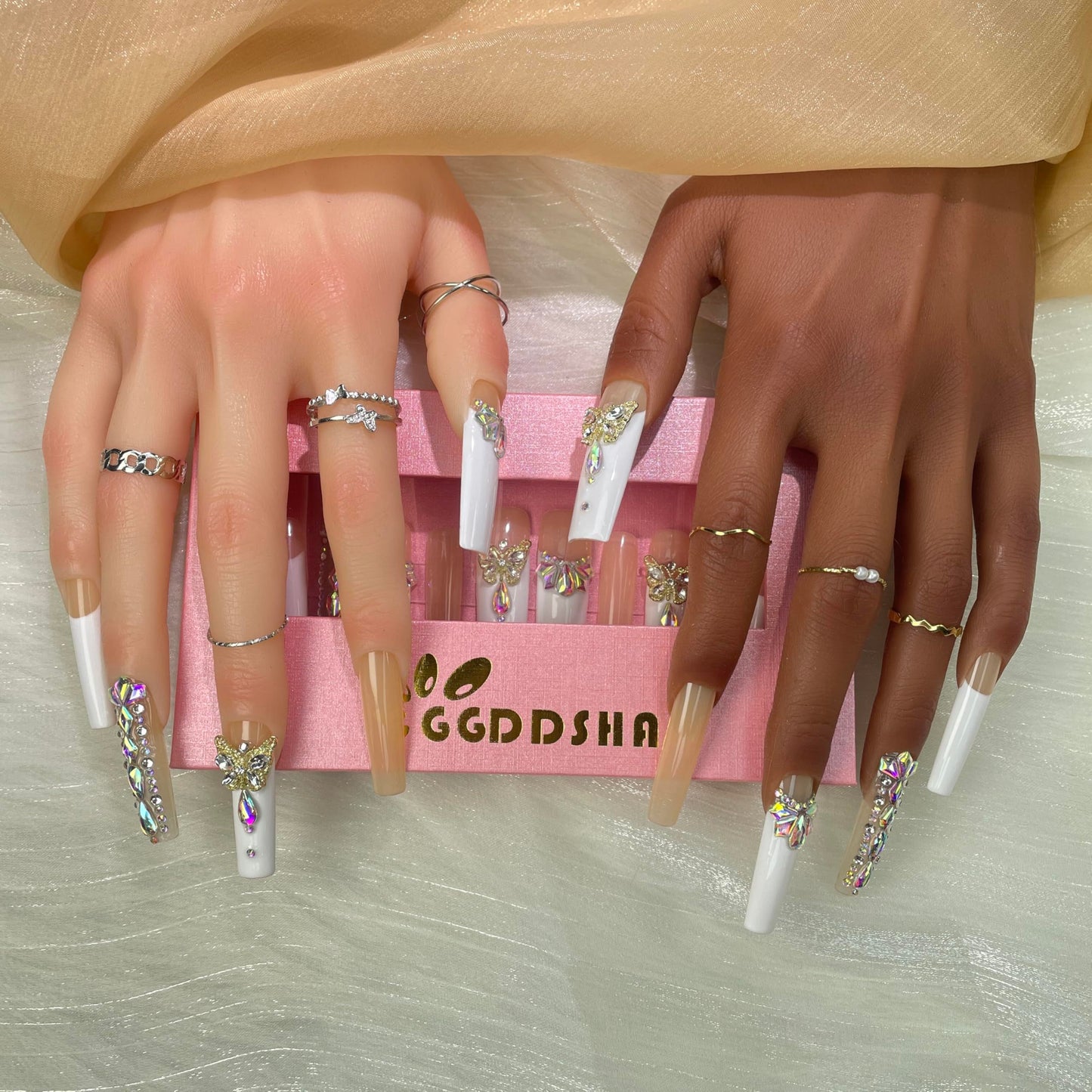 GGDDSHA Nails Press On Nails Medium Fake Nails FalseNails With 3D Flower Designs Nail Press Ons French TipHandmade Acrylic Artificial Nails Summer Natural Stick OnNails For WomenOpal Whisper