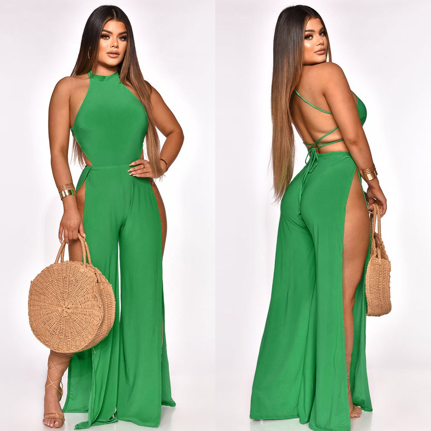 Lace-up Back Jumpsuit Split Leg Casual Trousers Women