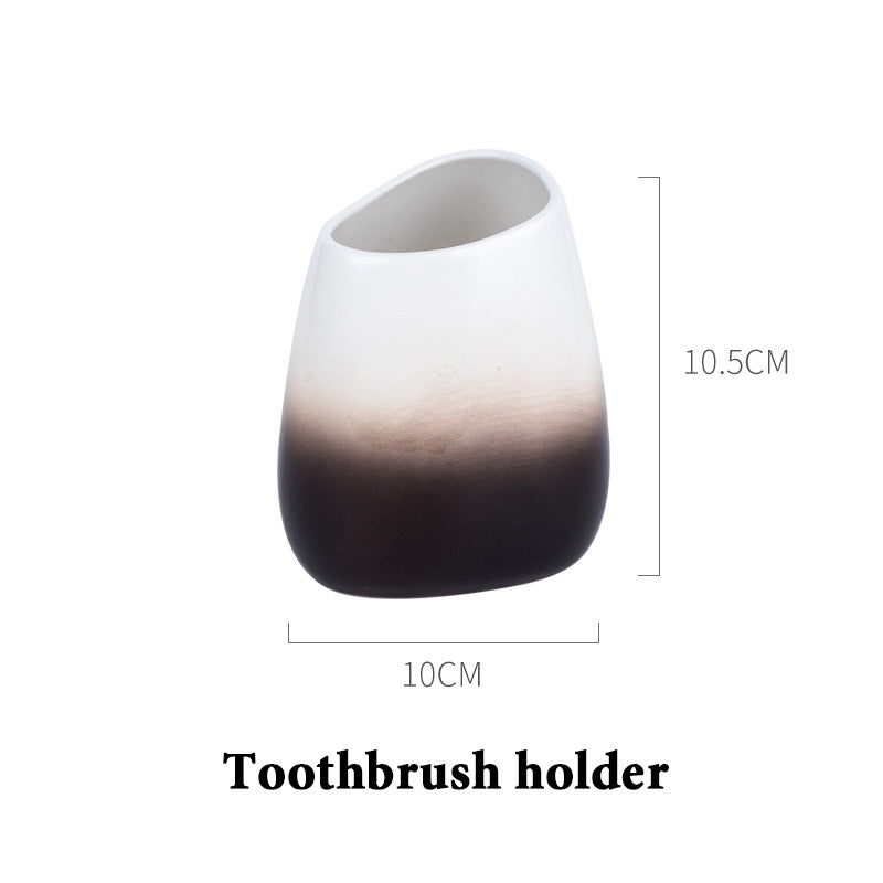 Washing suit couple brushing teeth and mouthwash cup