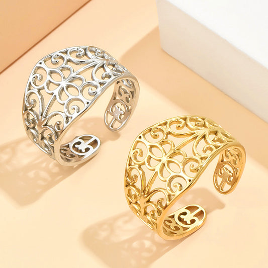 Elegant Court Retro Style Hollow Pattern Open Stainless Steel Ring For Women