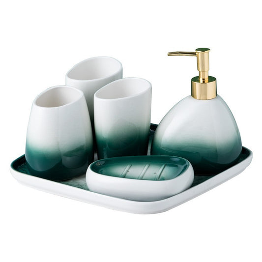 Washing suit couple brushing teeth and mouthwash cup