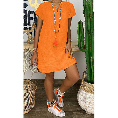Womens Summer Casual Solid Color V Neck Short Sleeve Dresses Boho Beach Sundresses