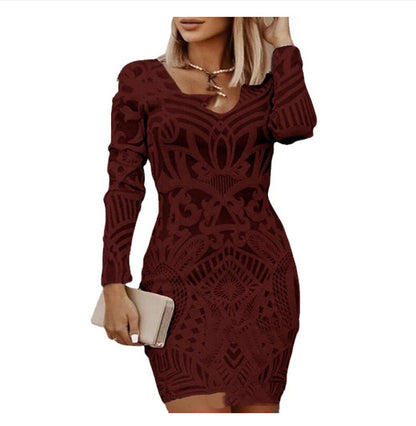 Light v-neck casual mesh embroidered long sleeve dress
