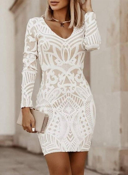 Light v-neck casual mesh embroidered long sleeve dress