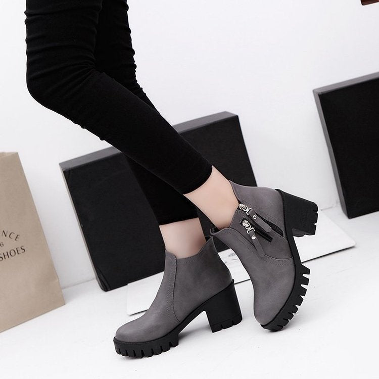 Mid-heel Chunky Heel Round Toe Temperament Side Zipper Short Boots