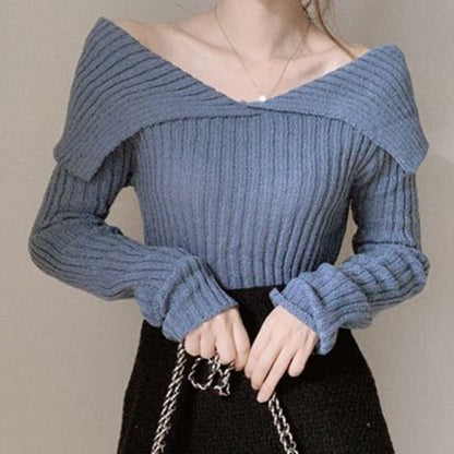 Women's Niche V-neck Off-shoulder Slim Pullover Knitted Top
