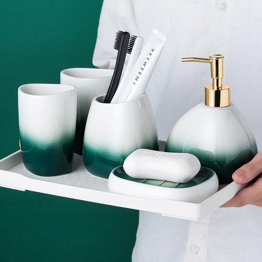 Washing suit couple brushing teeth and mouthwash cup
