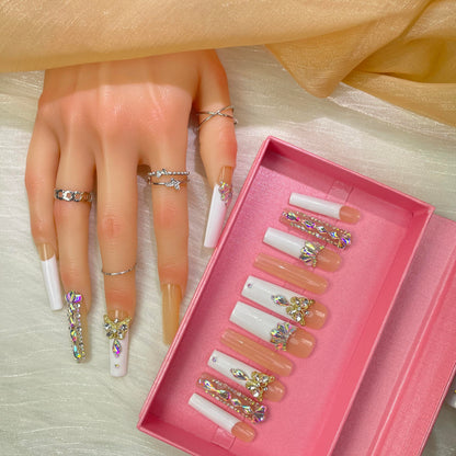 GGDDSHA Nails Press On Nails Medium Fake Nails FalseNails With 3D Flower Designs Nail Press Ons French TipHandmade Acrylic Artificial Nails Summer Natural Stick OnNails For WomenOpal Whisper