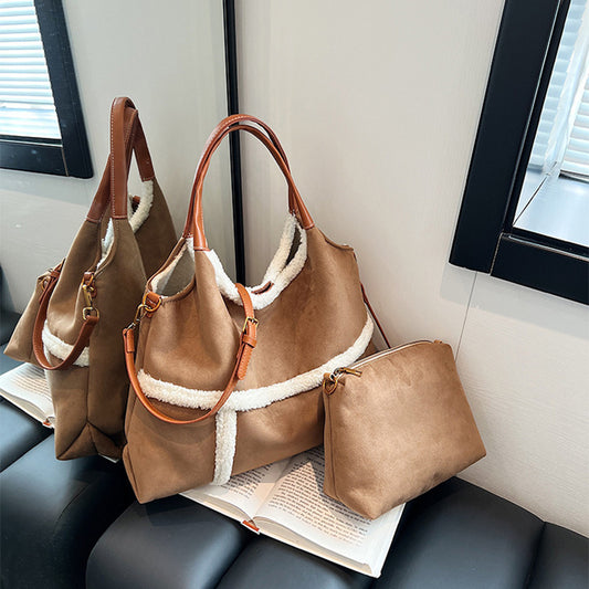 2pcs Women Plush Totes Casual Large-capacity Suede Handbag Winter Bags