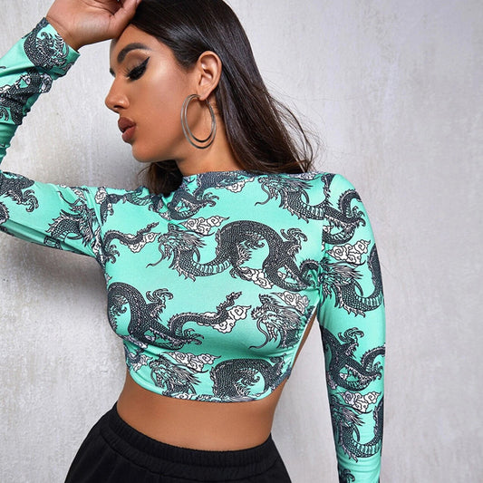 European And American Backless Lace-up Long-sleeved T-shirt Women