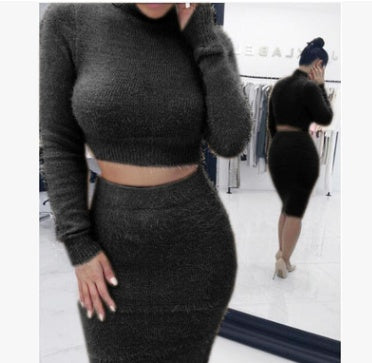 Fashion solid color long sleeve women's autumn and winter two-piece sweater