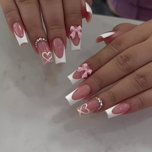 Mid-length French Style Bow Colorful Crystals Wear Nail Sticker