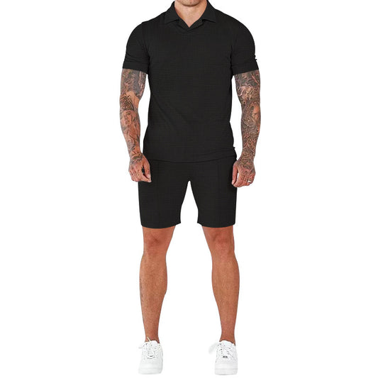 Men's Fashion Waffle V-neck Polo Short Sleeve Shorts Suit