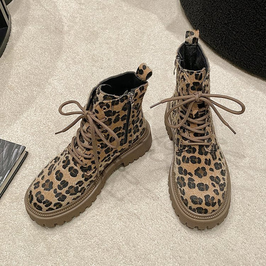 Plus Size Martin Boots Thick Bottom Leopard Print Lace-up