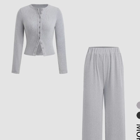 Casual Slim-fit Buttoned Long Sleeve Wide Leg Pants Suit