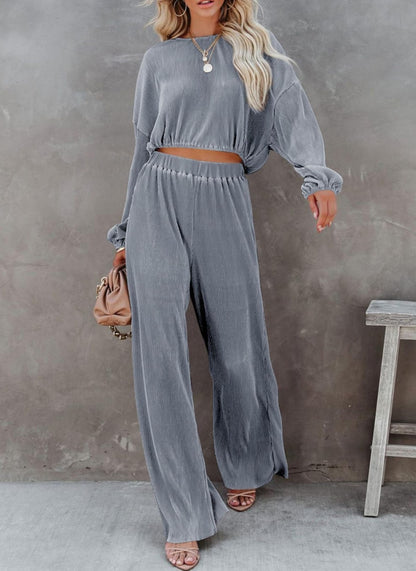 Women's Round-neck Long Sleeve Short Top And Wide Leg Pants Suit