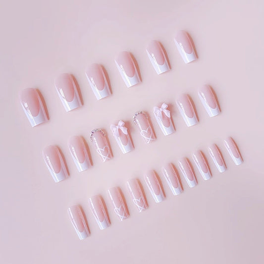 Mid-length French Style Bow Colorful Crystals Wear Nail Sticker