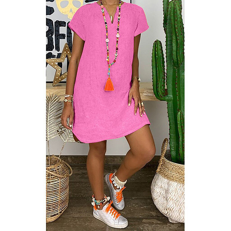 Womens Summer Casual Solid Color V Neck Short Sleeve Dresses Boho Beach Sundresses