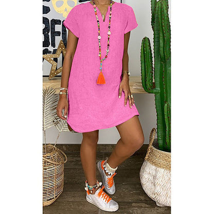 Womens Summer Casual Solid Color V Neck Short Sleeve Dresses Boho Beach Sundresses