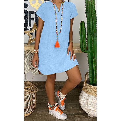 Womens Summer Casual Solid Color V Neck Short Sleeve Dresses Boho Beach Sundresses