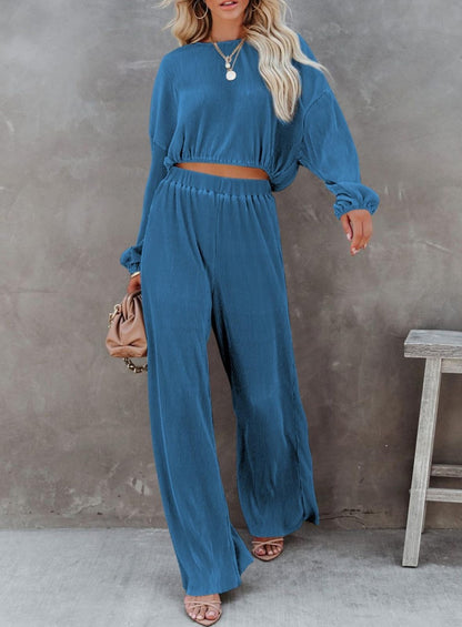 Women's Round-neck Long Sleeve Short Top And Wide Leg Pants Suit