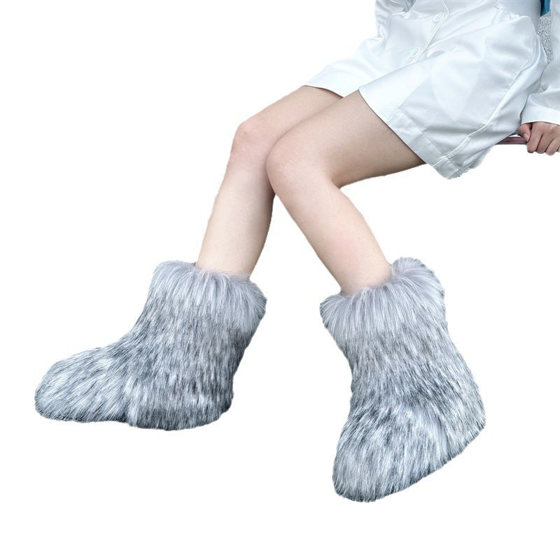 Raccoon Fur Plush Snow Boots