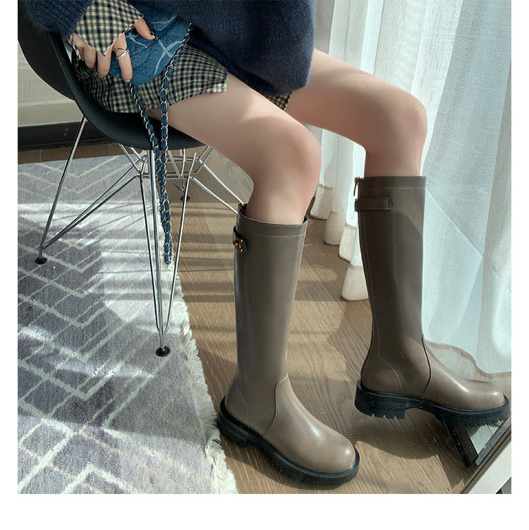 Gold Buckle Plus Velvet Thick Round Toe Thick-soled Thick Heel Long High Barrel Knight Boots