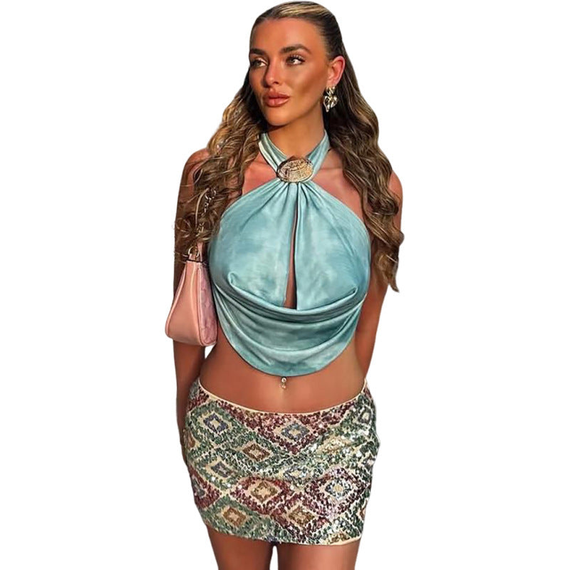 Women's Fashion Shell Hollow-out Solid Color Top