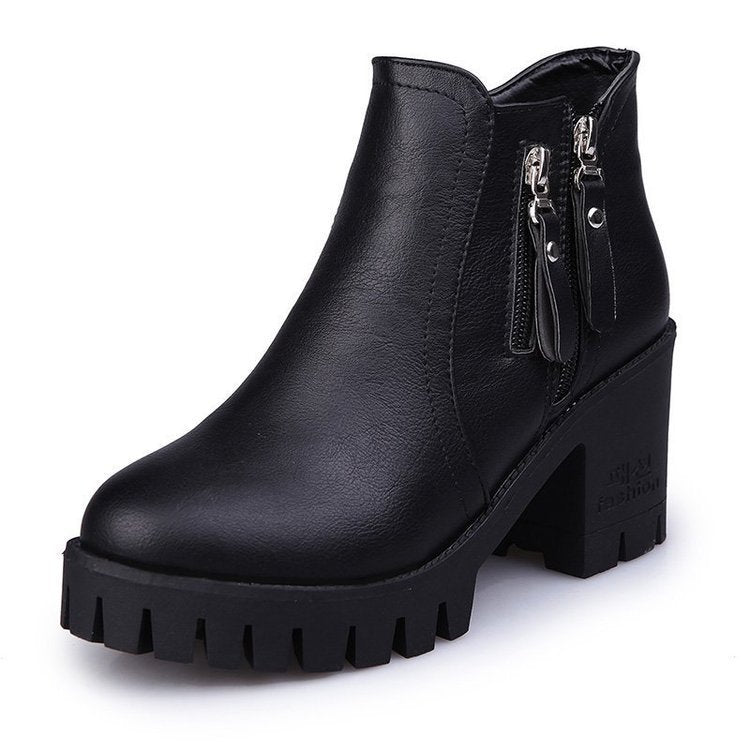 Mid-heel Chunky Heel Round Toe Temperament Side Zipper Short Boots