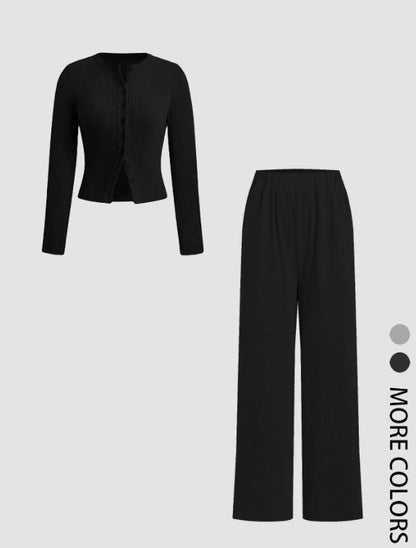 Casual Slim-fit Buttoned Long Sleeve Wide Leg Pants Suit