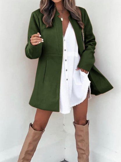 Solid Color Slimming Long Sleeve Pocket Woolen Women's Coat